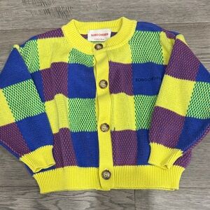 Bobo Choses Checkerboard Knit Cardigan in Yellow, Blue & Green
